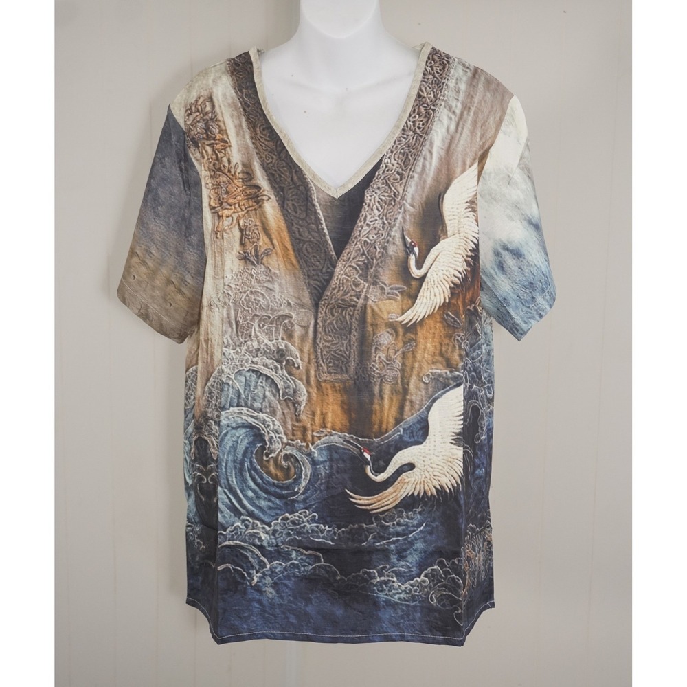 Unbranded Size Large Multicolor Crane And Wave Print V-Neck Short Sleeve Top